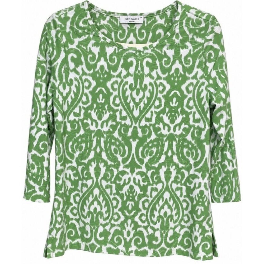 Emily Daniels Top Medium Sage Green Ikat Print 3/4 Sleeve Stretch Fall Autumn